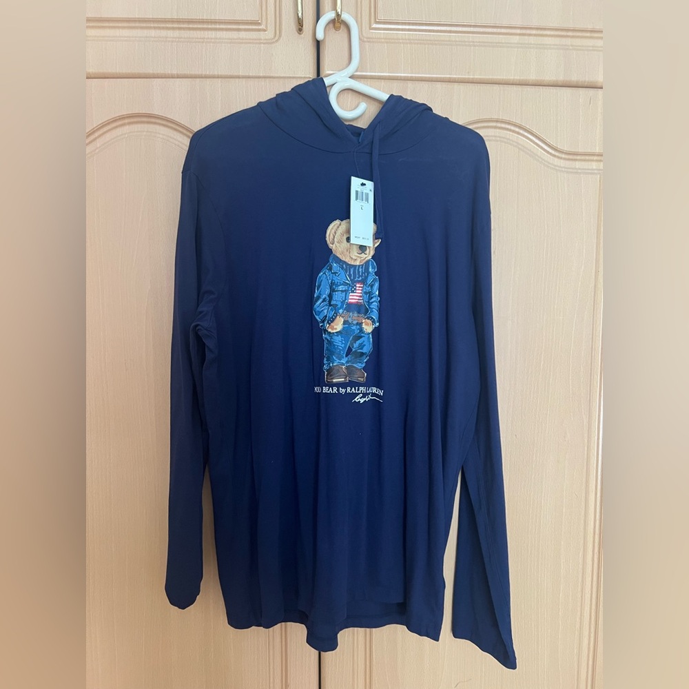 NWT Ralph Lauren  Navy Blue Hoodie with Bear Graphic size L